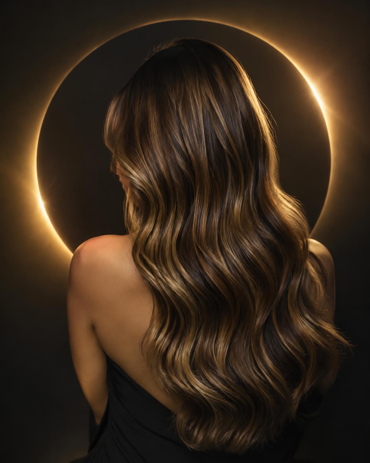 Glossy balayage hair framed by a golden eclipse